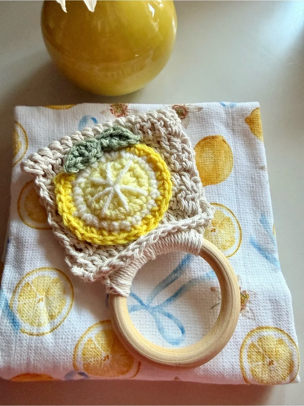Handmade Crochet Lemon Kitchen Hanging Towel Cotton Yellow Blue Cottagecore